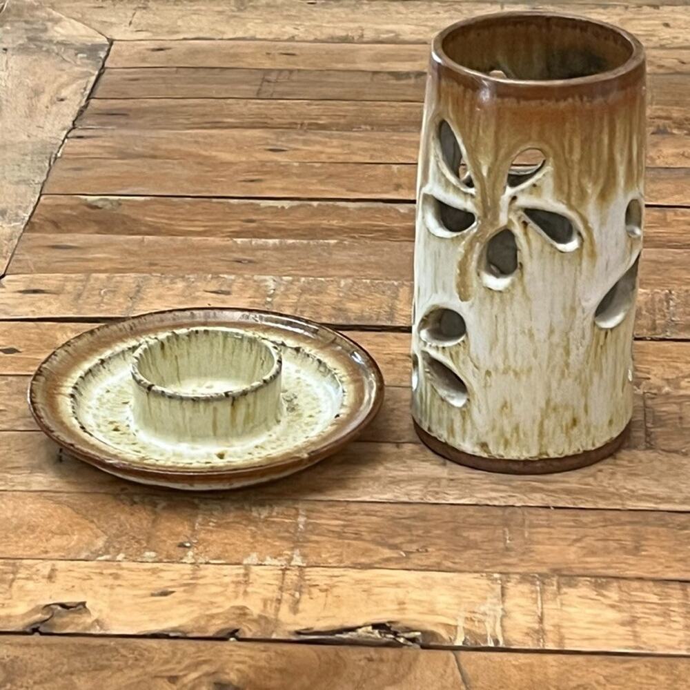 Ceramic Luminary Candle Holder Floral Cut-Out Design Brown & Ivory Drip Glaze